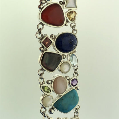 Designer 925 Sterling Silver Multi Gem Multi Shaped Glamorous Statement Bracelet
