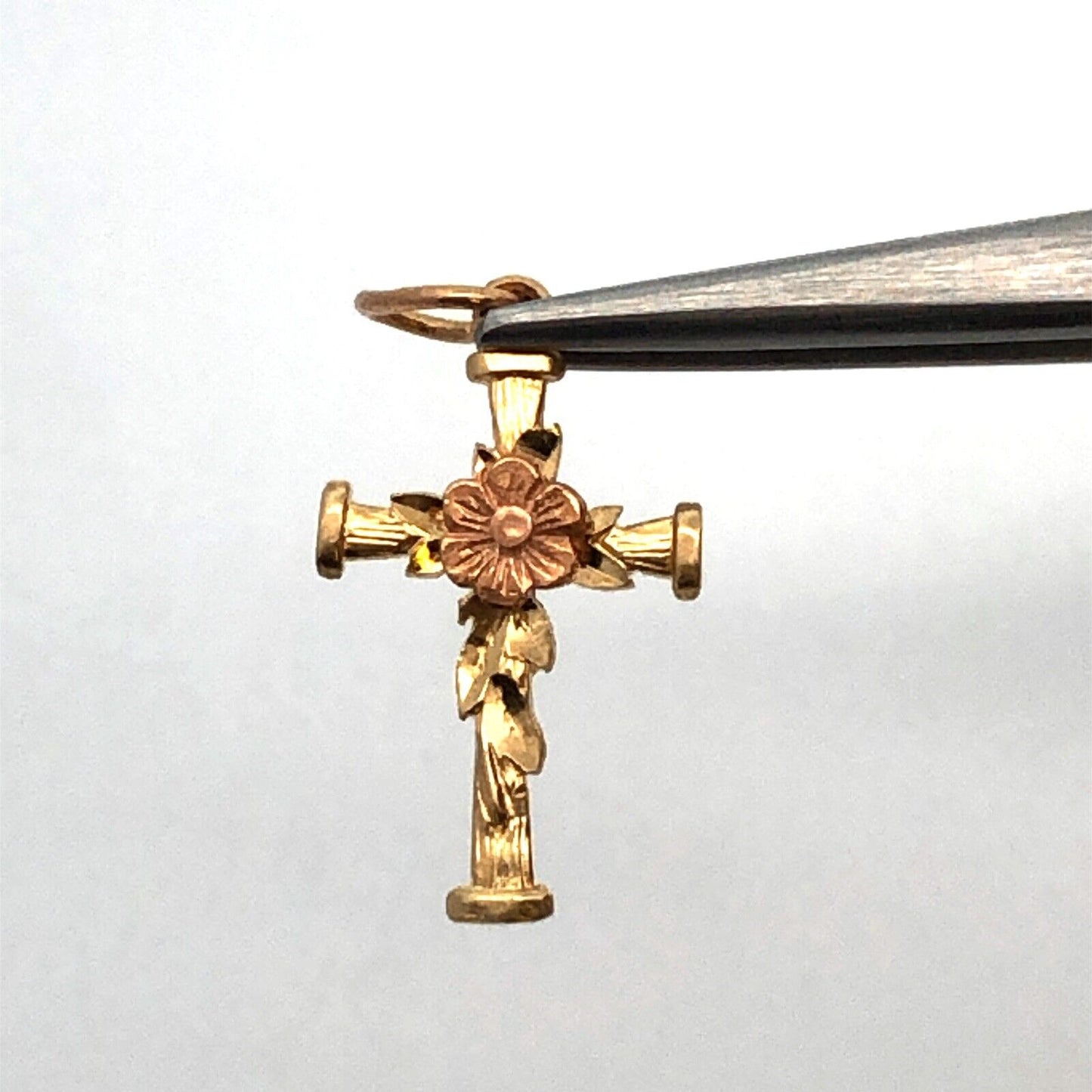 Designer 14K Yellow Gold Rose Gold Flower Leaf Floral Religious Cross Pendant