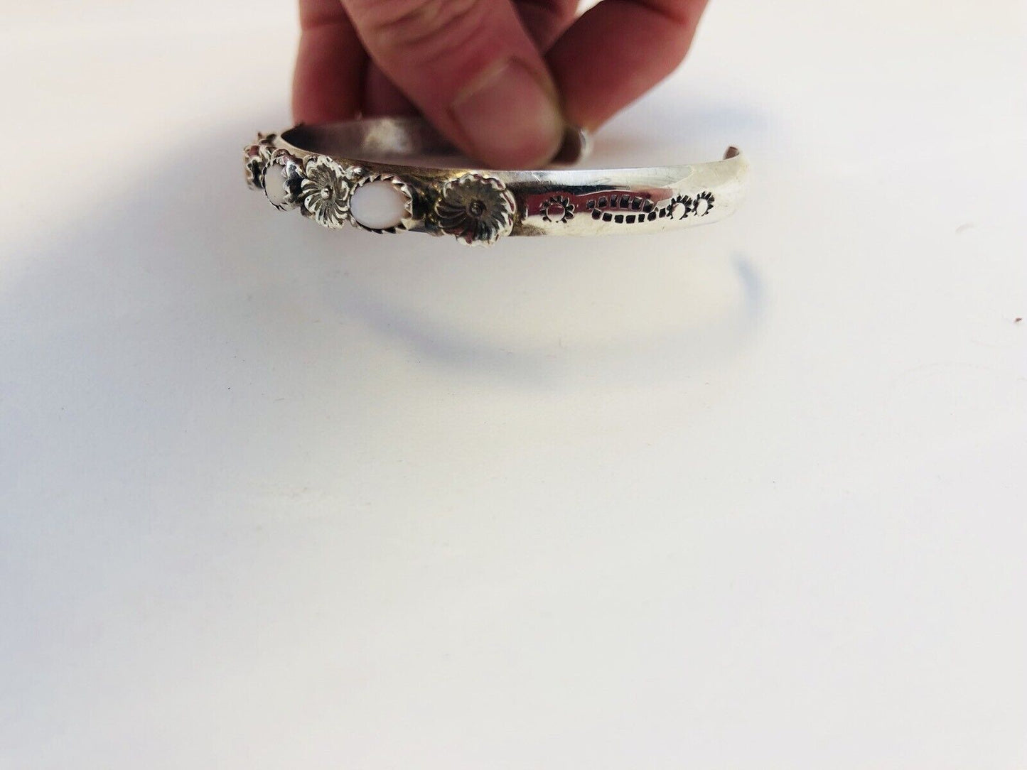 Navajo Running Bear R.B. Sterling Silver Pink Mother Of Pearl Flower Bracelet