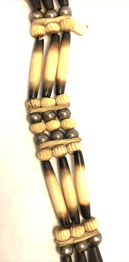 Vintage Native American White Leather Onyx Silver Plated Resin Bead Necklace