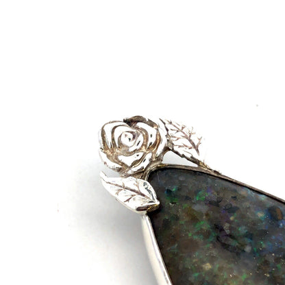 Vintage 925 Sterling Silver Pear Black Opal Flower Detail Statement Pendant