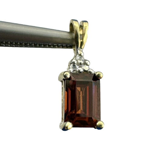 Designer LGL 10K Yellow Gold Emerald Cut Garnet Diamond Accents Petite Pendant