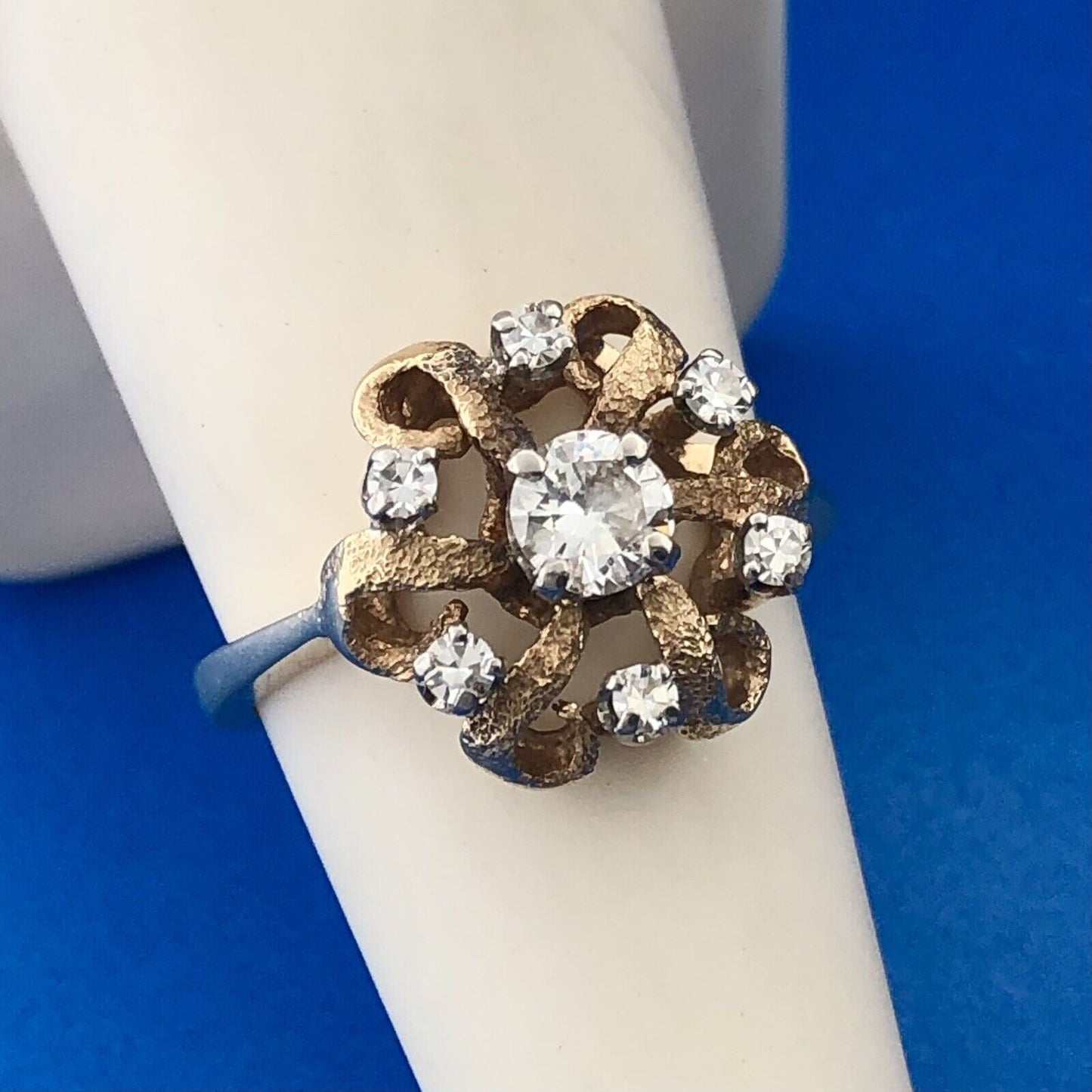 Vintage 14K Yellow Gold Diamond Flower Cluster Ribbon Style Cocktail Ring