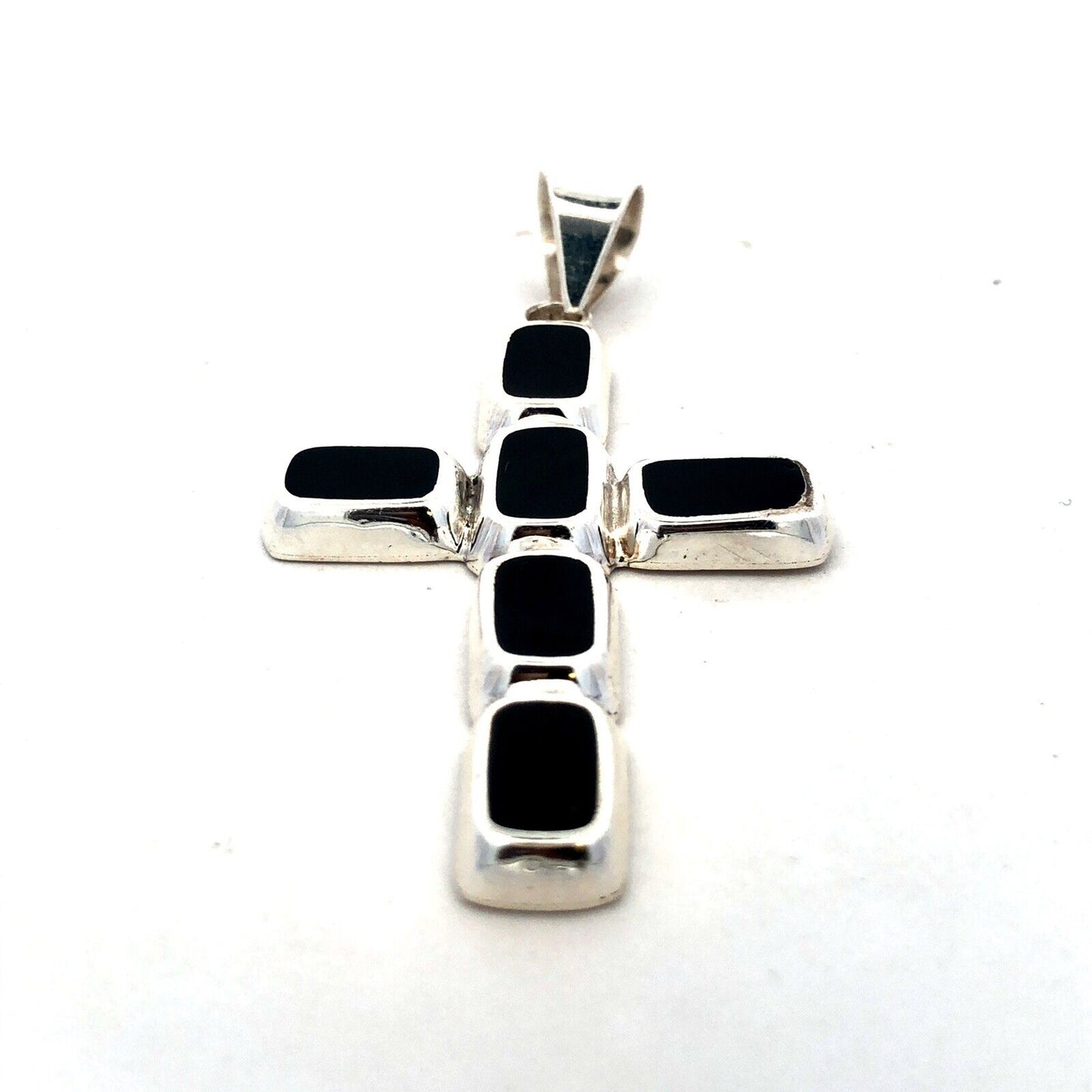 Vintage 925 Sterling Silver Rectangle Black Onyx Bezel Cross Pendant