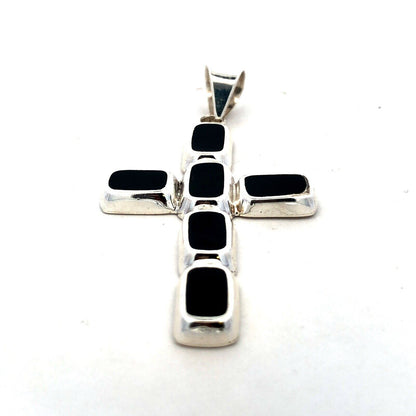 Vintage 925 Sterling Silver Rectangle Black Onyx Bezel Cross Pendant
