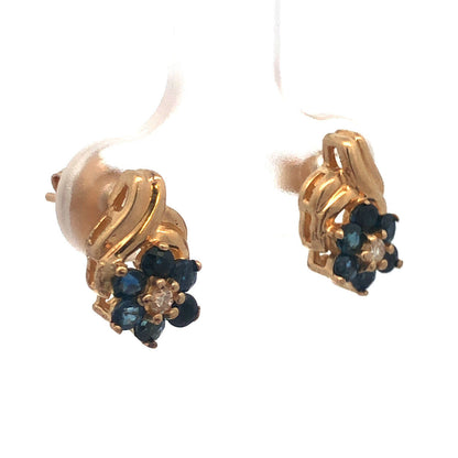 14K Yellow Gold Diamond Sapphire Floral Cluster September Anniversary Earrings