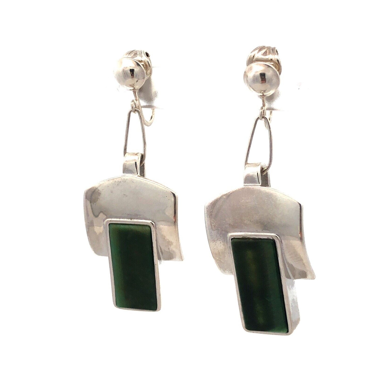 Designer Sterling Silver Chrysoprase Panel Modernist Statement Clip On Earrings