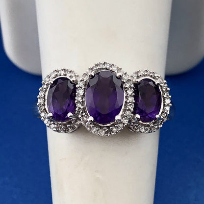 Stunning 10K White Gold Amethyst Trio Diamond Halo February Anniversary Ring
