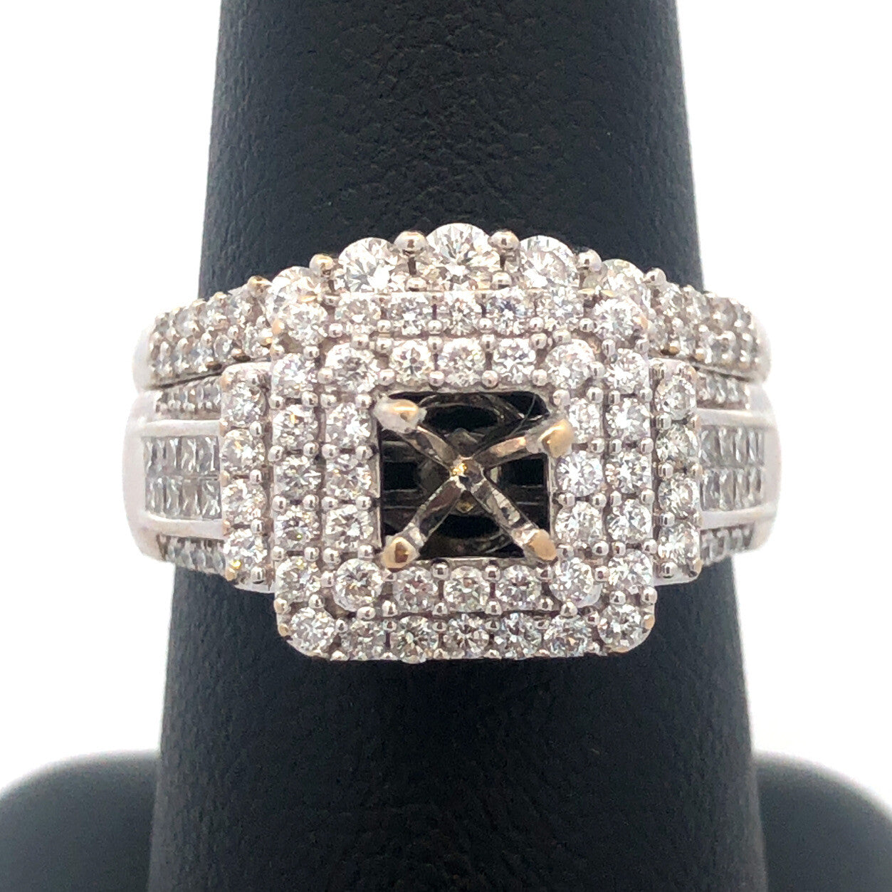 14K White Gold Diamond Triple Halo Mounting Diamond Wave Band 2 Pc Bridal Set