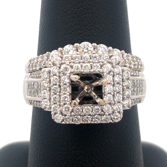 14K White Gold Diamond Triple Halo Mounting Diamond Wave Band 2 Pc Bridal Set