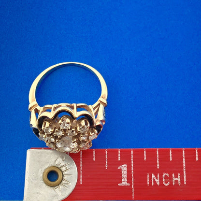 Gorgeous 14k Yellow Gold Diamond Black Enamel Georgian Cluster Ring Size 6.0