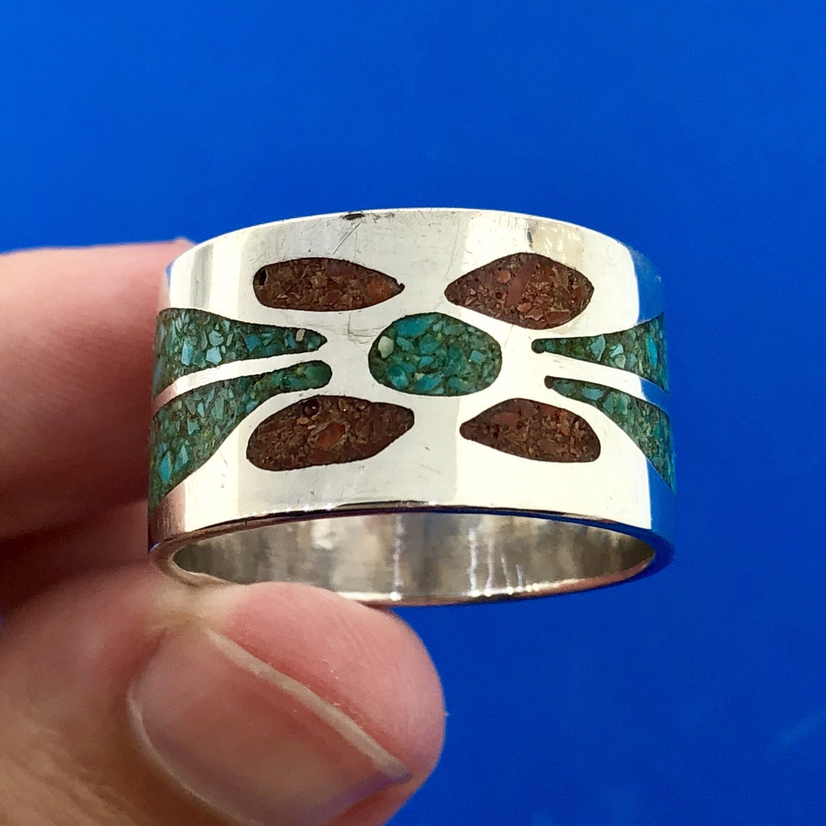 Men's Sterling Silver 925 Turquoise Red Coral Spiderweb Inlay Wide Band Ring