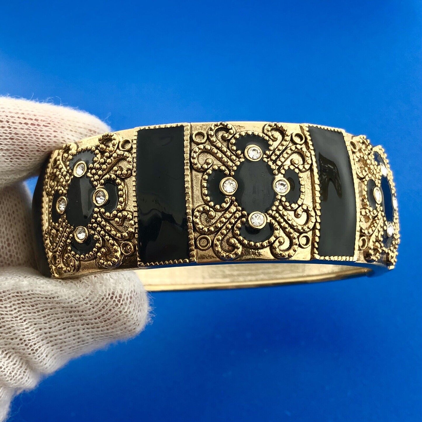 Gorgeous Gold Toned Black Enamel Sparkling Rhinestone 6.5" Hinged Cuff Bracelet