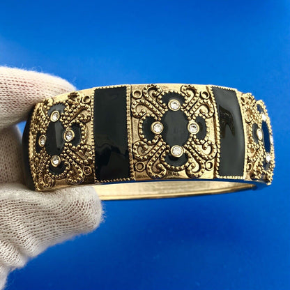Gorgeous Gold Toned Black Enamel Sparkling Rhinestone 6.5" Hinged Cuff Bracelet