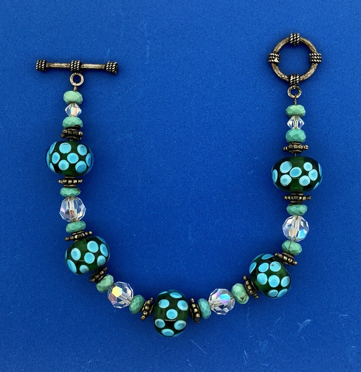 Vintage 925 Sterling Silver Turquoise Art Glass Crystal Bead Toggle Bracelet