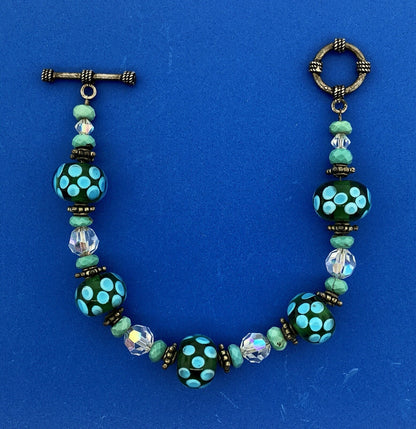 Vintage 925 Sterling Silver Turquoise Art Glass Crystal Bead Toggle Bracelet