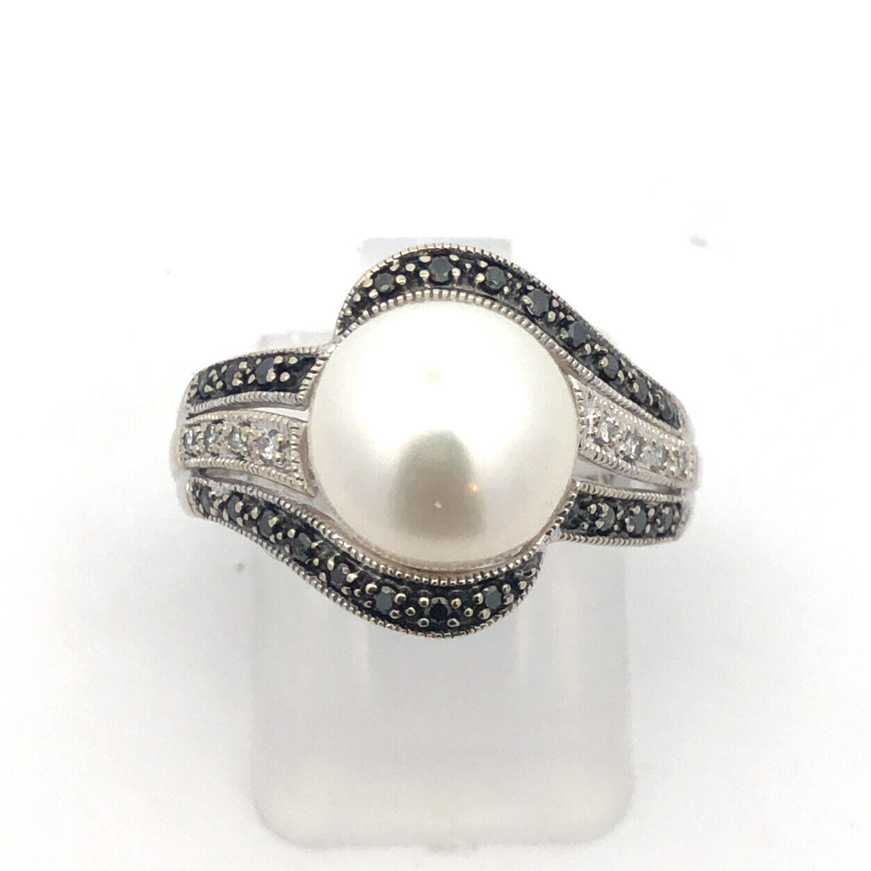 Designer JH 10K White Gold Round Pearl Black White Diamonds Statement Ring