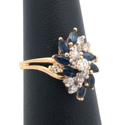 Designer 14K Yellow Gold Diamond Sapphire Wave Waterfall Cluster Cocktail Ring