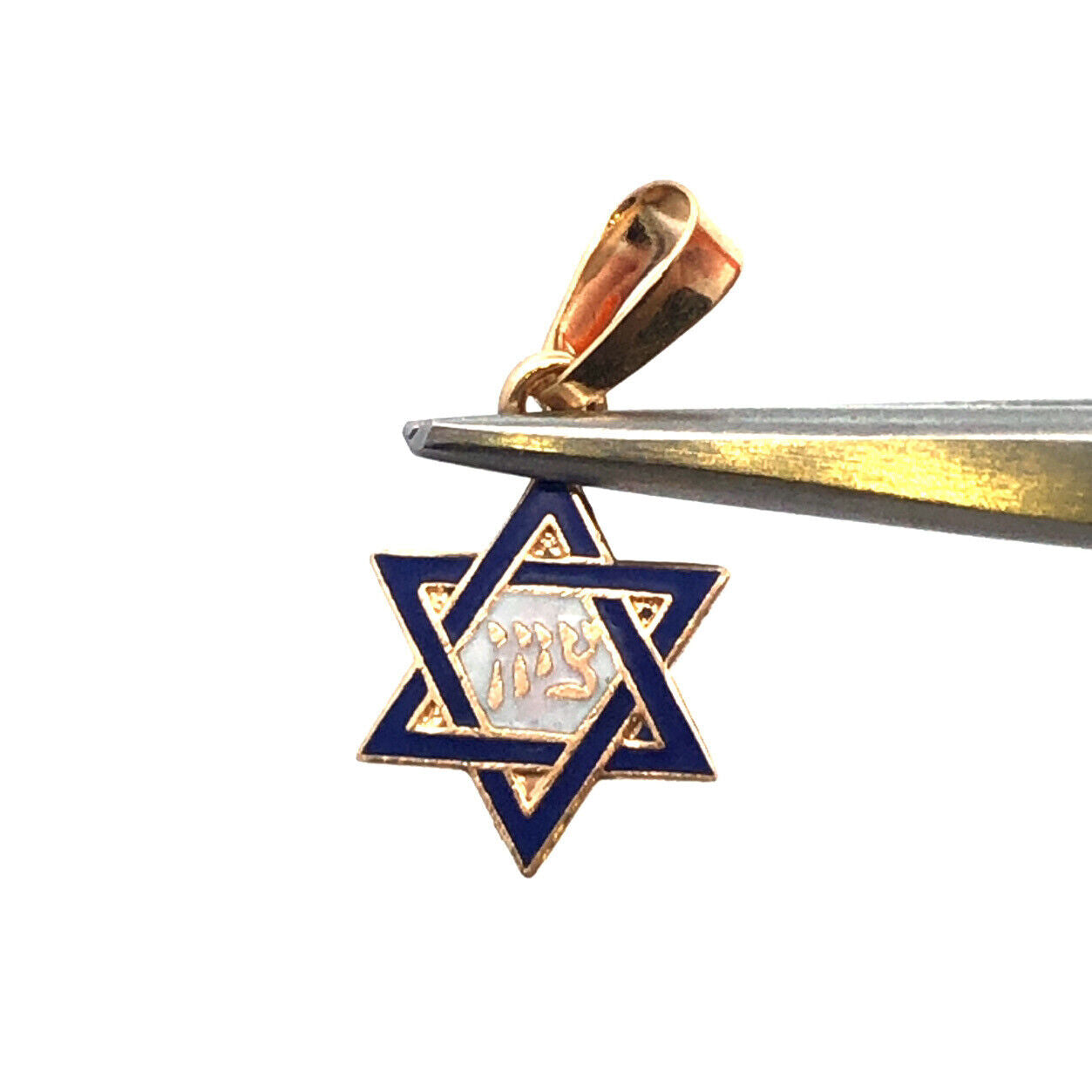 Designer 14K Yellow Gold Blue White Enamel 6-Point Star of David Hebrew Pendant