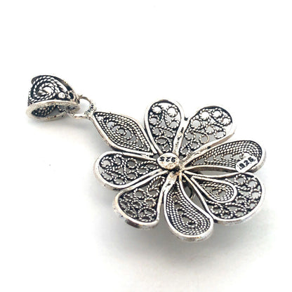 Vintage 925 Sterling Silver Filigree Detail Flower Statement Pendant