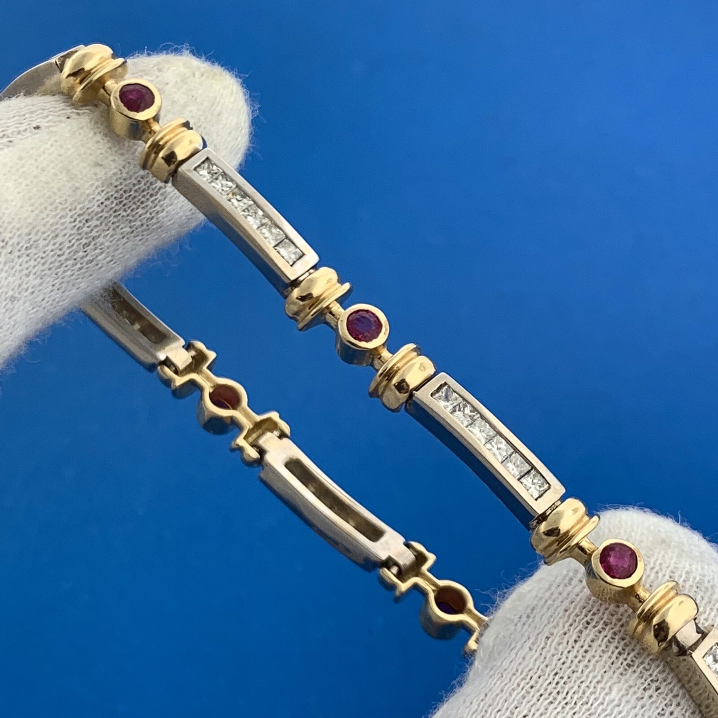 14K White Yellow Gold Diamond Ruby Station Two Toned Statement Tennis Bracelet