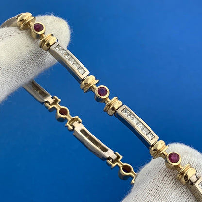 14K White Yellow Gold Diamond Ruby Station Two Toned Statement Tennis Bracelet