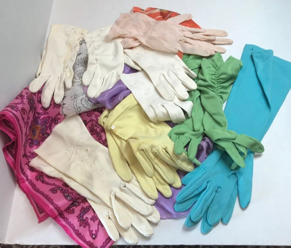 Vintage 11 Item Lot 6 Pair Tea Evening Wedding Party Gloves 4 Bold Scarves
