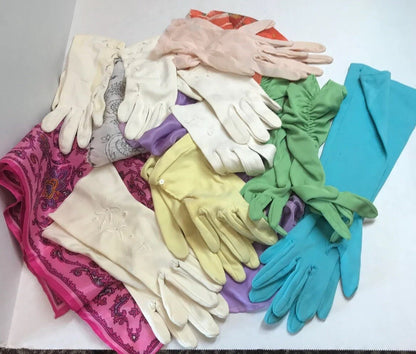 Vintage 11 Item Lot 6 Pair Tea Evening Wedding Party Gloves 4 Bold Scarves
