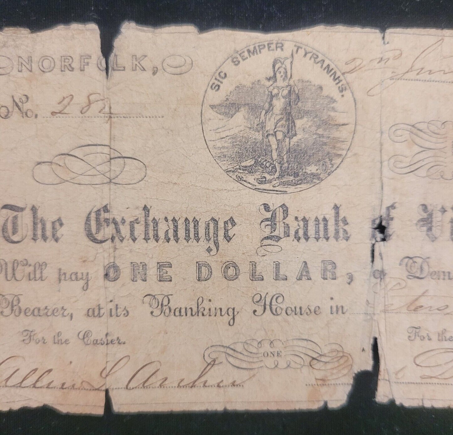 1862 $1 Exchange Bank of Virginia, Norfolk, VA Obsolete Currency Bank Note