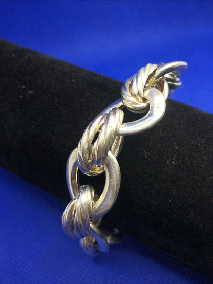 Designer Eursa Italy 925 Sterling Silver Oval Polished Ribbed Link Bracelet