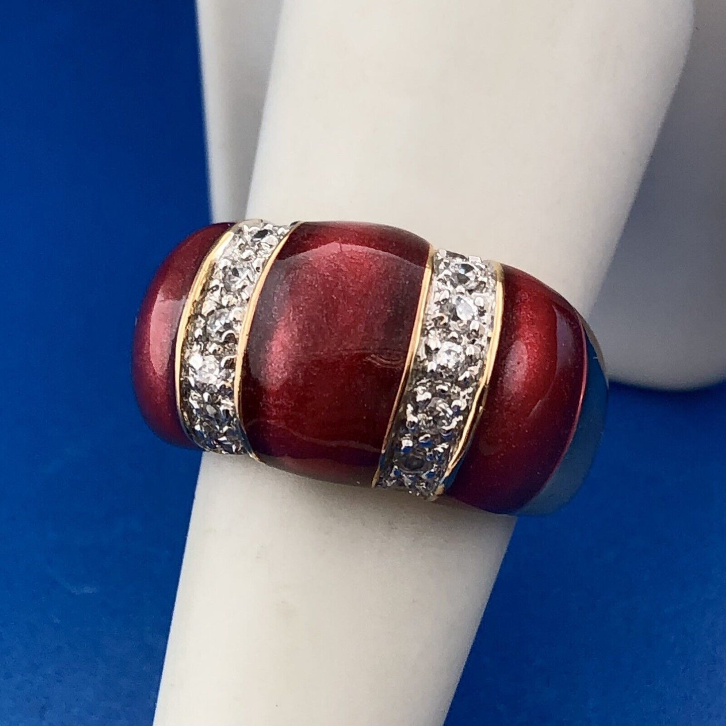 Stunning 925 Sterling Silver Red Enamel Cubic Zirconia Statement Dome Ring