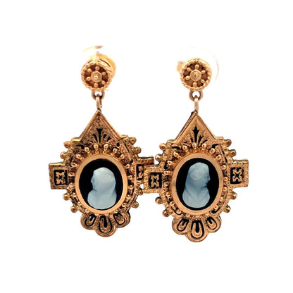 Victorian 14K And Gold Filled Black & White Cameo Enamel Dangle Stud Earrings