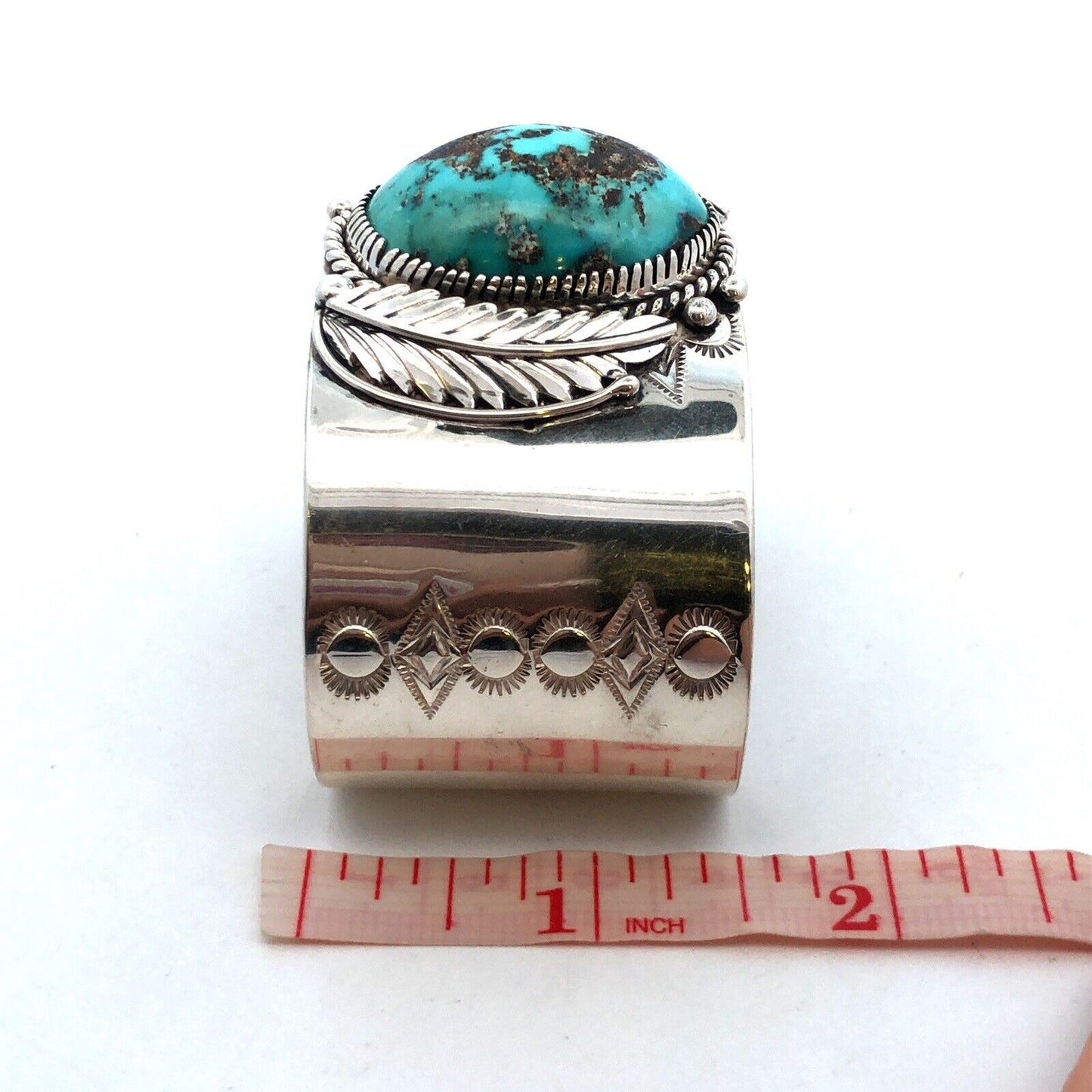 Native American Marian Nez 925 Sterling Silver Oval Turquoise Wide Cuff Bracelet