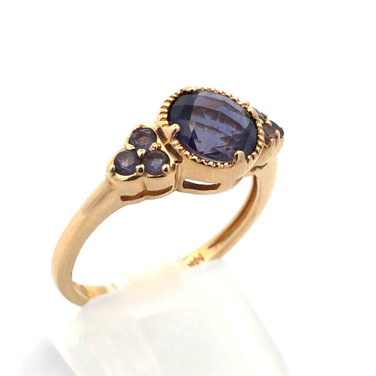 Designer 14K Yellow Gold Round Cushion Cut Tanzanite Ring