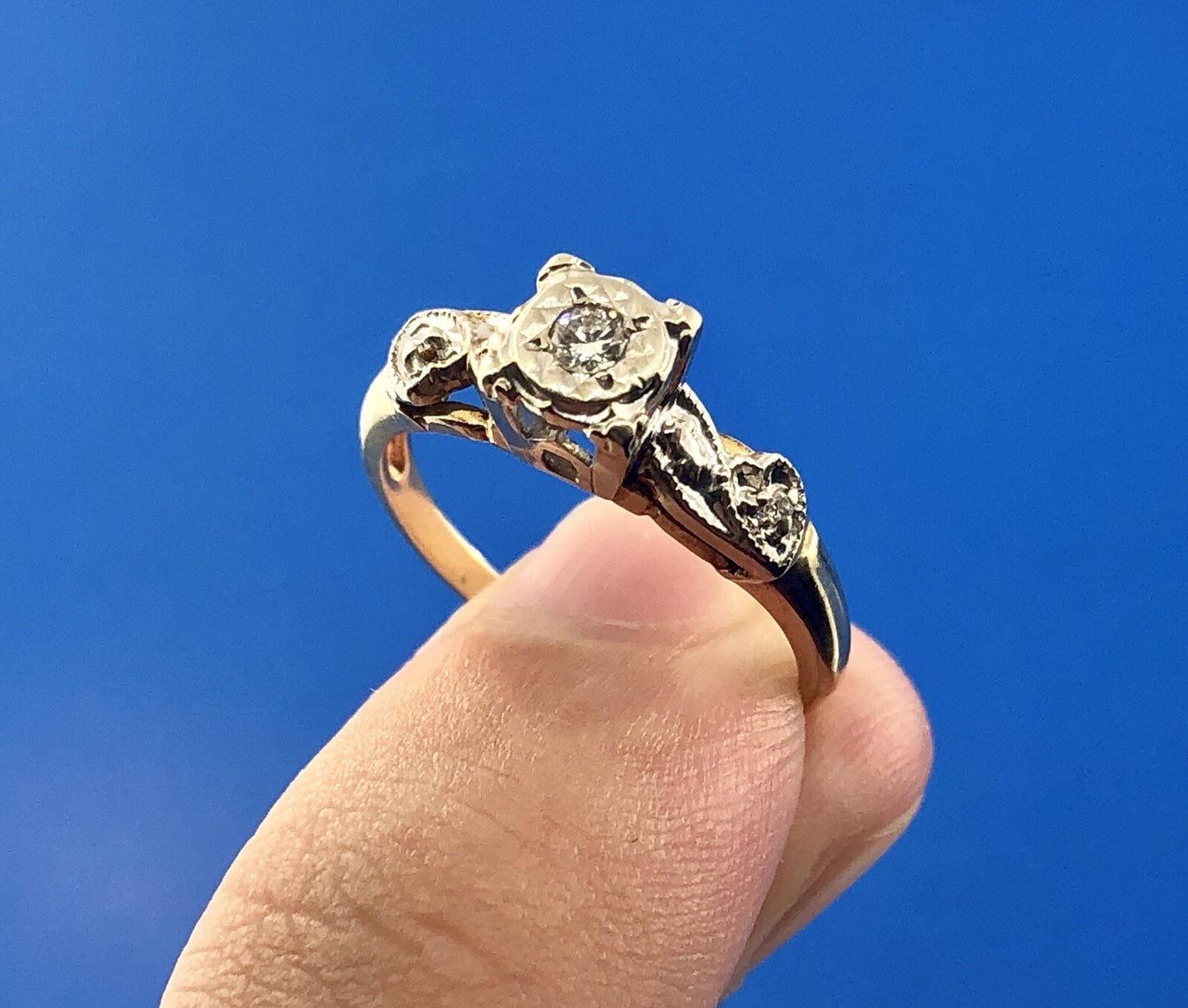 Art Deco 14K Yellow White Gold Diamond Hearts Beads Scroll Engagement Ring