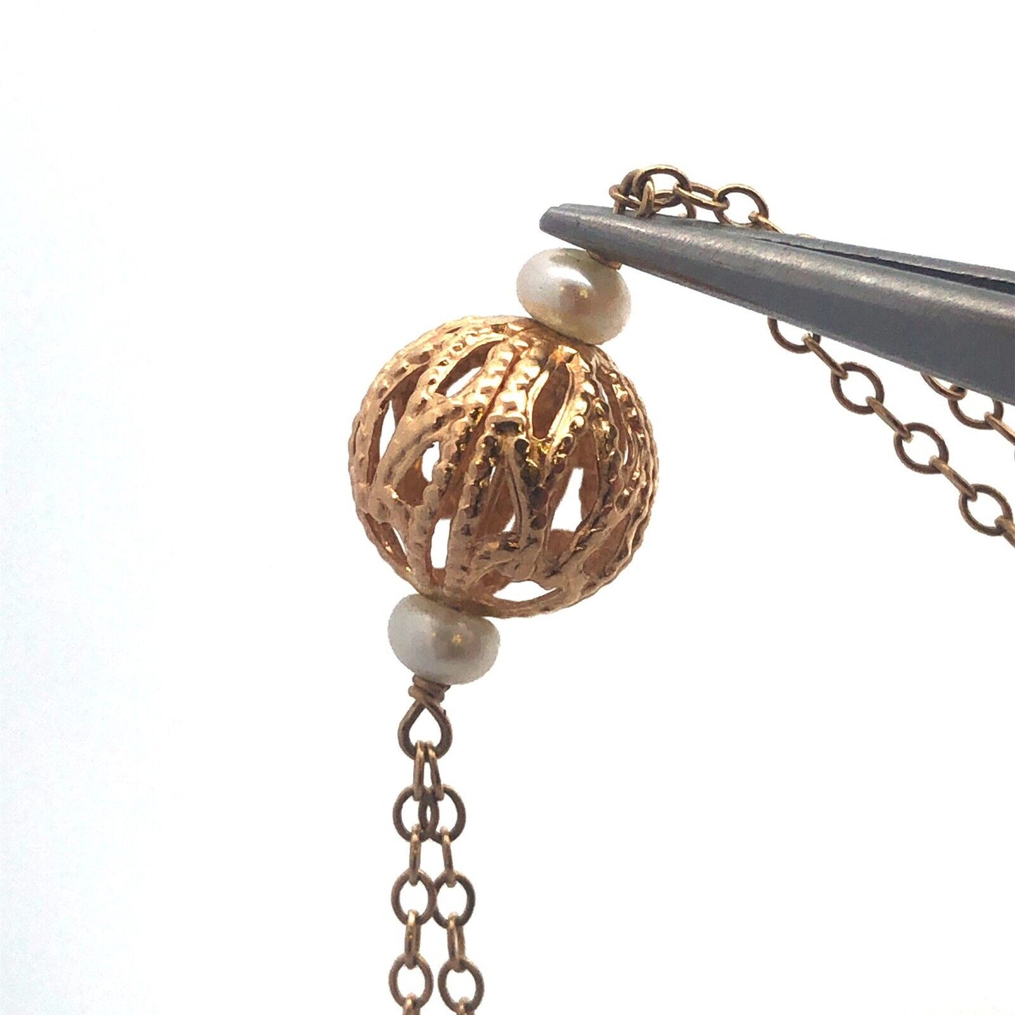 Designer 14K Yellow Gold Pearl Station Drop Dangle Chain Necklace