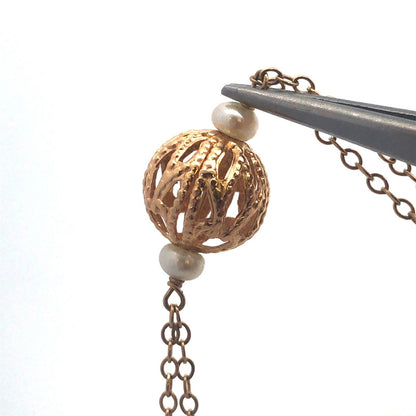 Designer 14K Yellow Gold Pearl Station Drop Dangle Chain Necklace