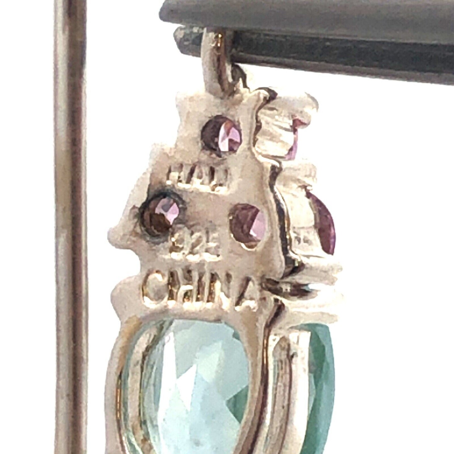 Designer HAN 925 Sterling Silver Oval Aquamarine Pink CZ Dangle Hook Earrings