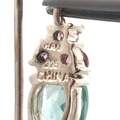 Designer HAN 925 Sterling Silver Oval Aquamarine Pink CZ Dangle Hook Earrings