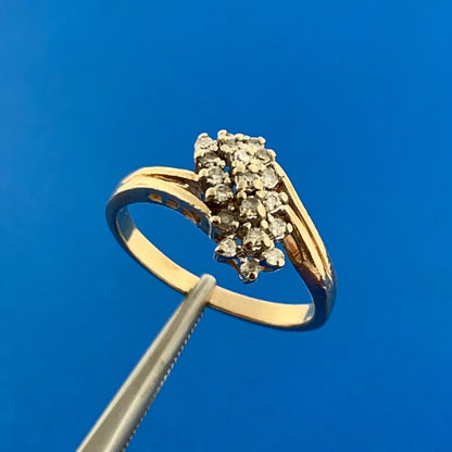 Vintage 14K Yellow Gold Diamond Waterfall Cluster Bypass Cocktail Ring