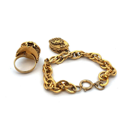 1960's Corday Rare Gold Tone Unicorn In Captivity Perfume Bracelet Ring 2 Pc Set