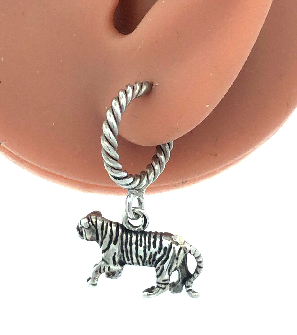 925 Sterling Silver 3D Tiger Dangle Stud Round Hoop Earrings