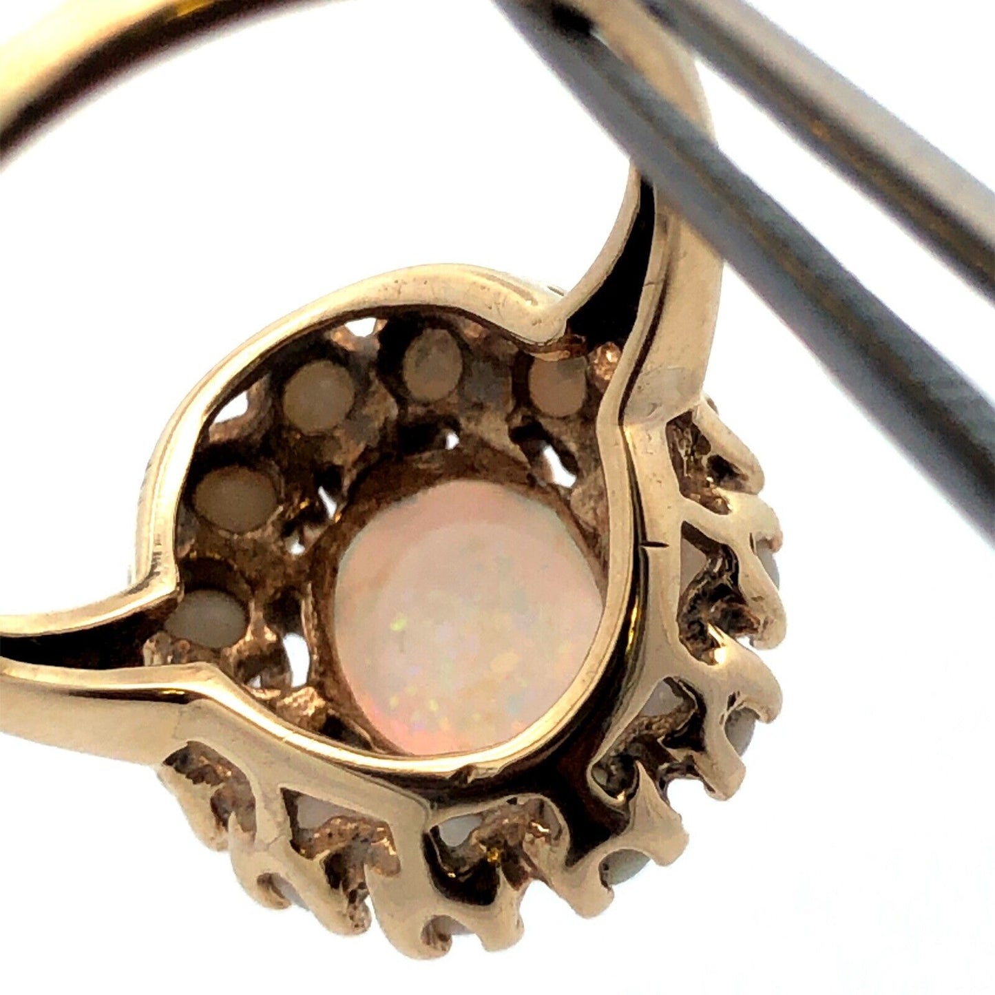 Designer 10K Yellow Gold Oval Opal Cluster Halo Statement Cocktail Ring