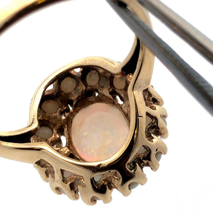 Designer 10K Yellow Gold Oval Opal Cluster Halo Statement Cocktail Ring