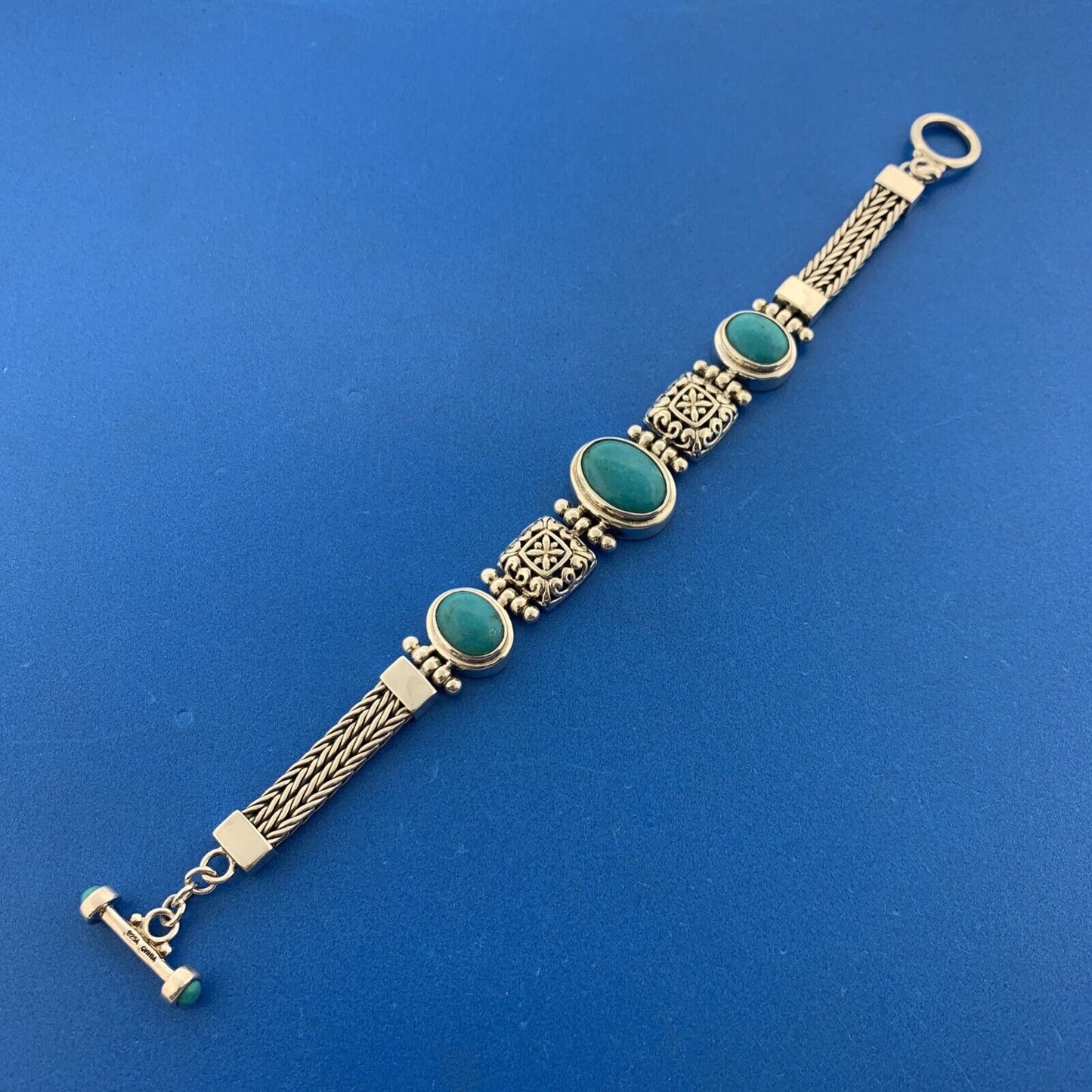 Designer 925 Sterling Silver Oval Turquoise Trio Statement Toggle Bracelet