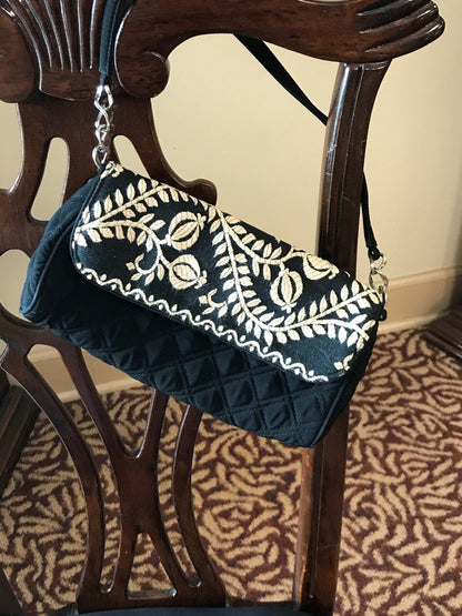 Vera Bradley Black Quilted Microfiber White Embroidered Clutch With Straps