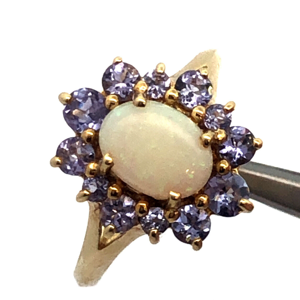 Designer 14K Yellow Gold Oval Opal Tanzanite Halo Statement Cocktail Ring