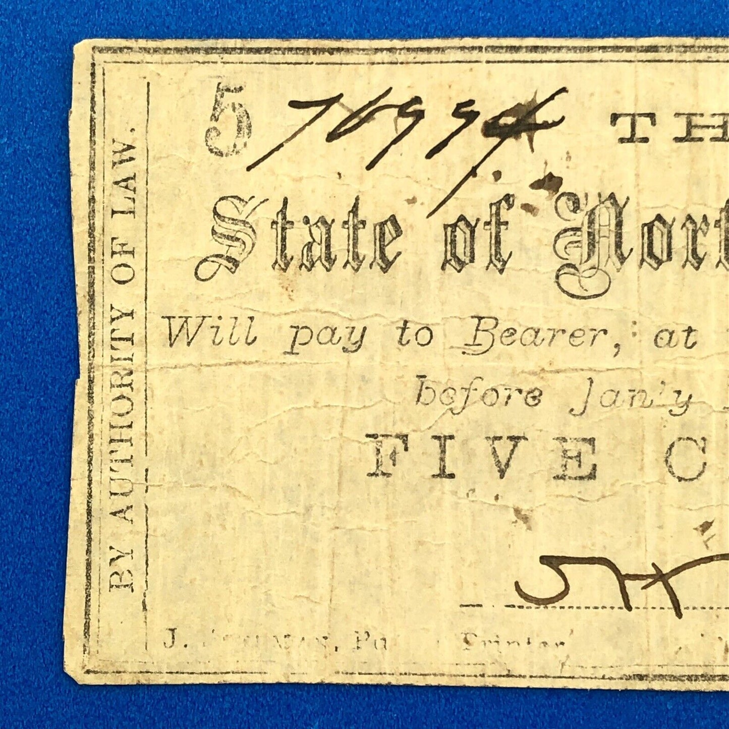 1861 State Of North Carolina 5 Cents 5c Civil War Obsolete State Scrip Note