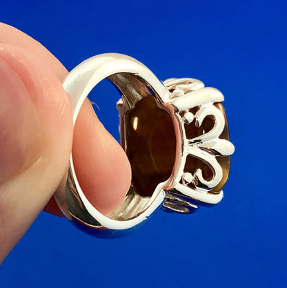 Designer 925 Sterling Silver Square Tigers Eye Fleur De Lis Statement Ring