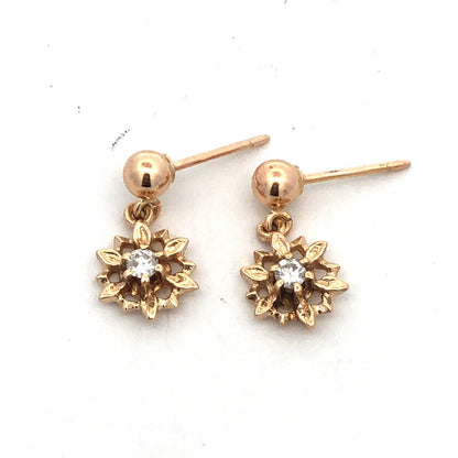 Vintage 14K Yellow Gold Diamond Starburst Snowflake Flower Dangle Stud Earrings